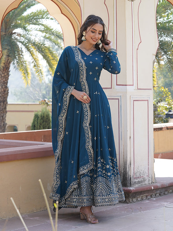 Radiate Opulence with Fashindia’s Elegant Blue Sequins Work Wedding Gown