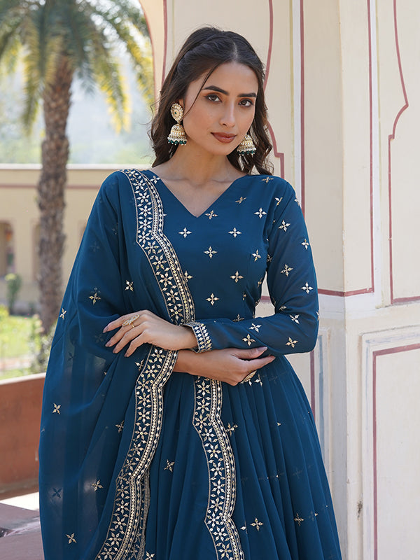 Radiate Opulence with Fashindia’s Elegant Blue Sequins Work Wedding Gown