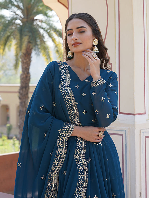 Radiate Opulence with Fashindia’s Elegant Blue Sequins Work Wedding Gown