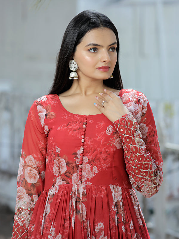 Timeless Charm: Printed Georgette Gown with Zari Details by Fashindia