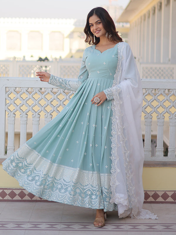Ethereal Grace: Sky Blue Gown and Dupatta Ensemble by Fashindia