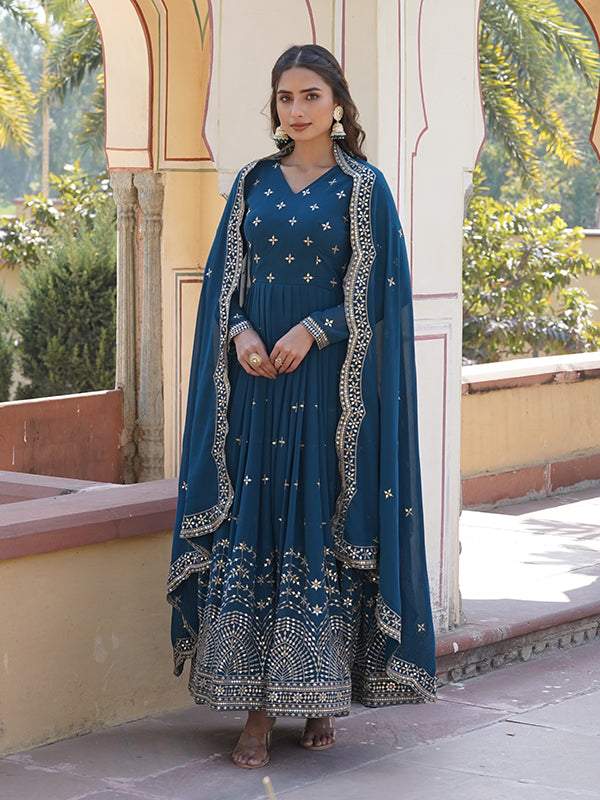 Radiate Opulence with Fashindia’s Elegant Blue Sequins Work Wedding Gown